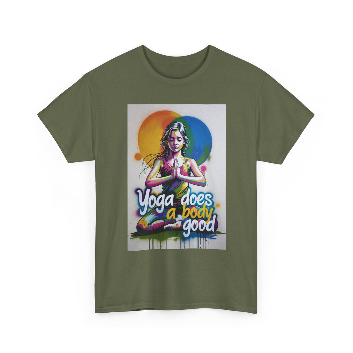 Yoga Does a Body Good T-Shirt | Meditating Woman Rainbow Sun Graphic