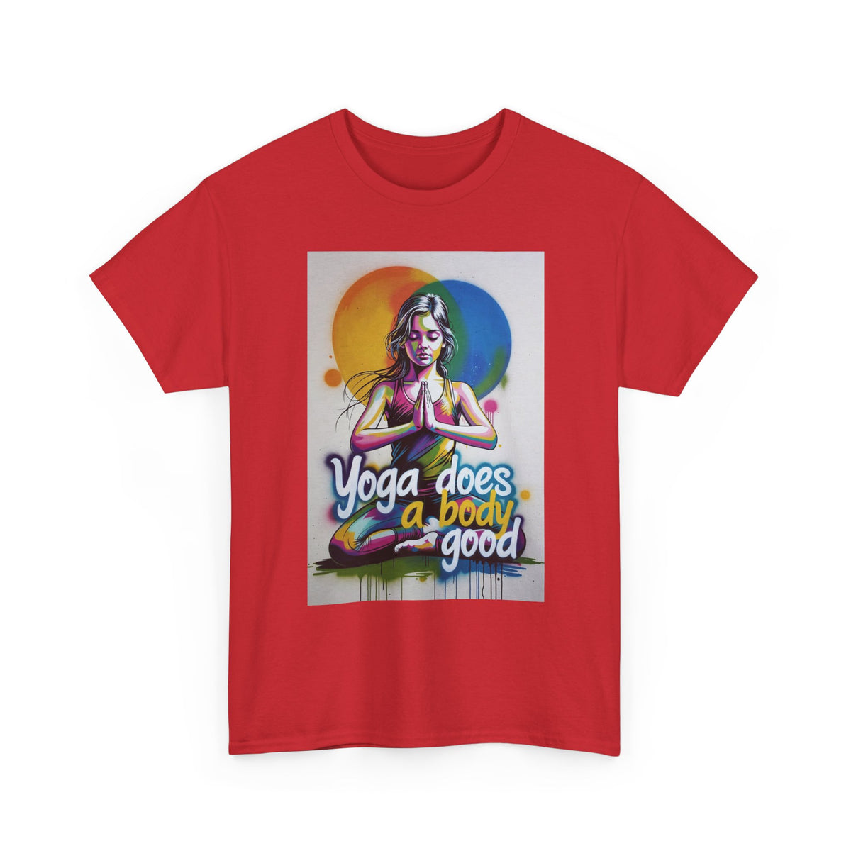 Yoga Does a Body Good T-Shirt | Meditating Woman Rainbow Sun Graphic