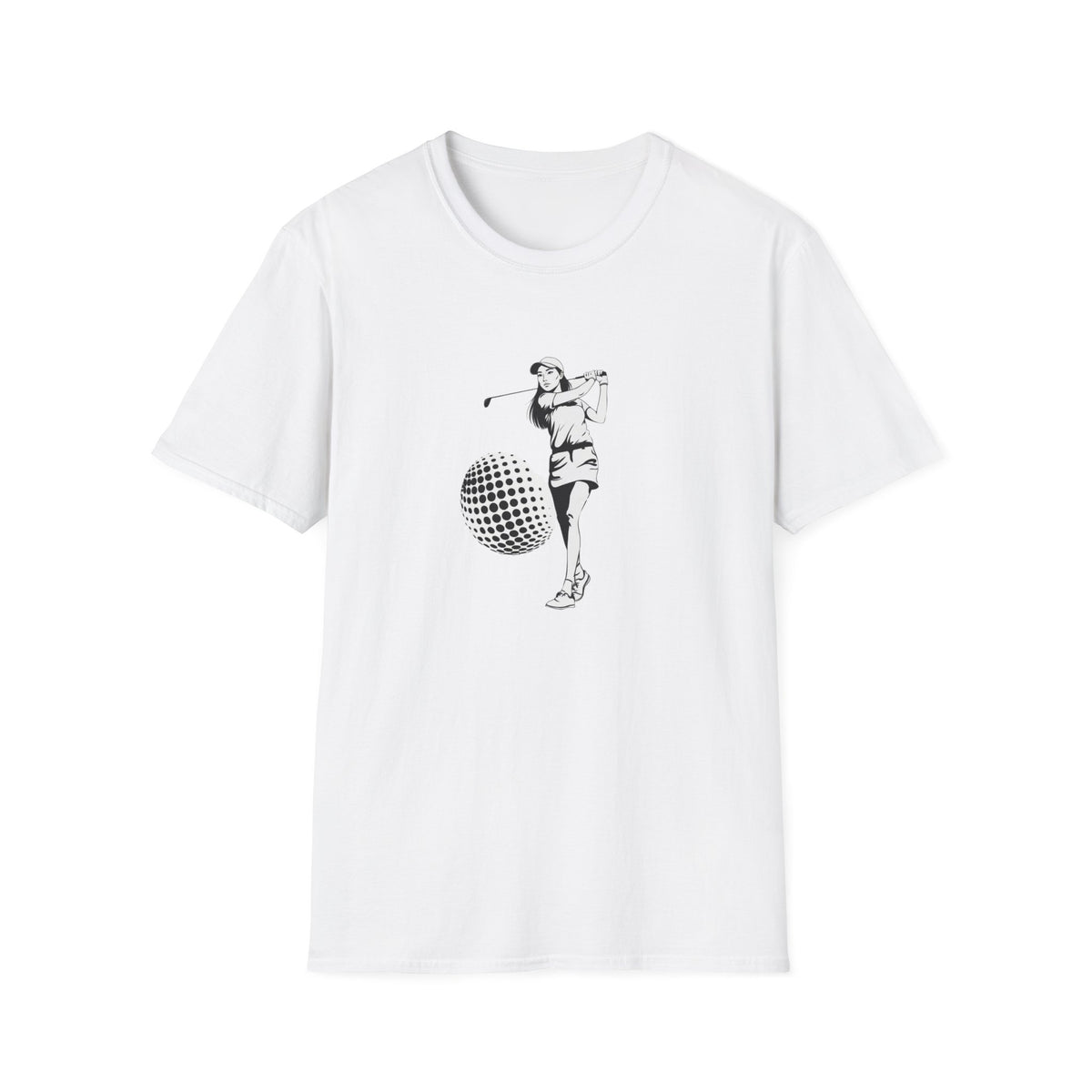 Golf Swing Graphic T‑Shirt — Retro Golfer with Patterned Ball