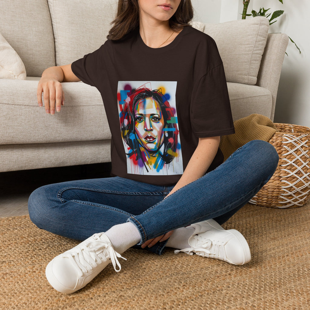 Abstract Artsy Kamala Portrait T-Shirt — Colorful Spray Paint Face Art Tee