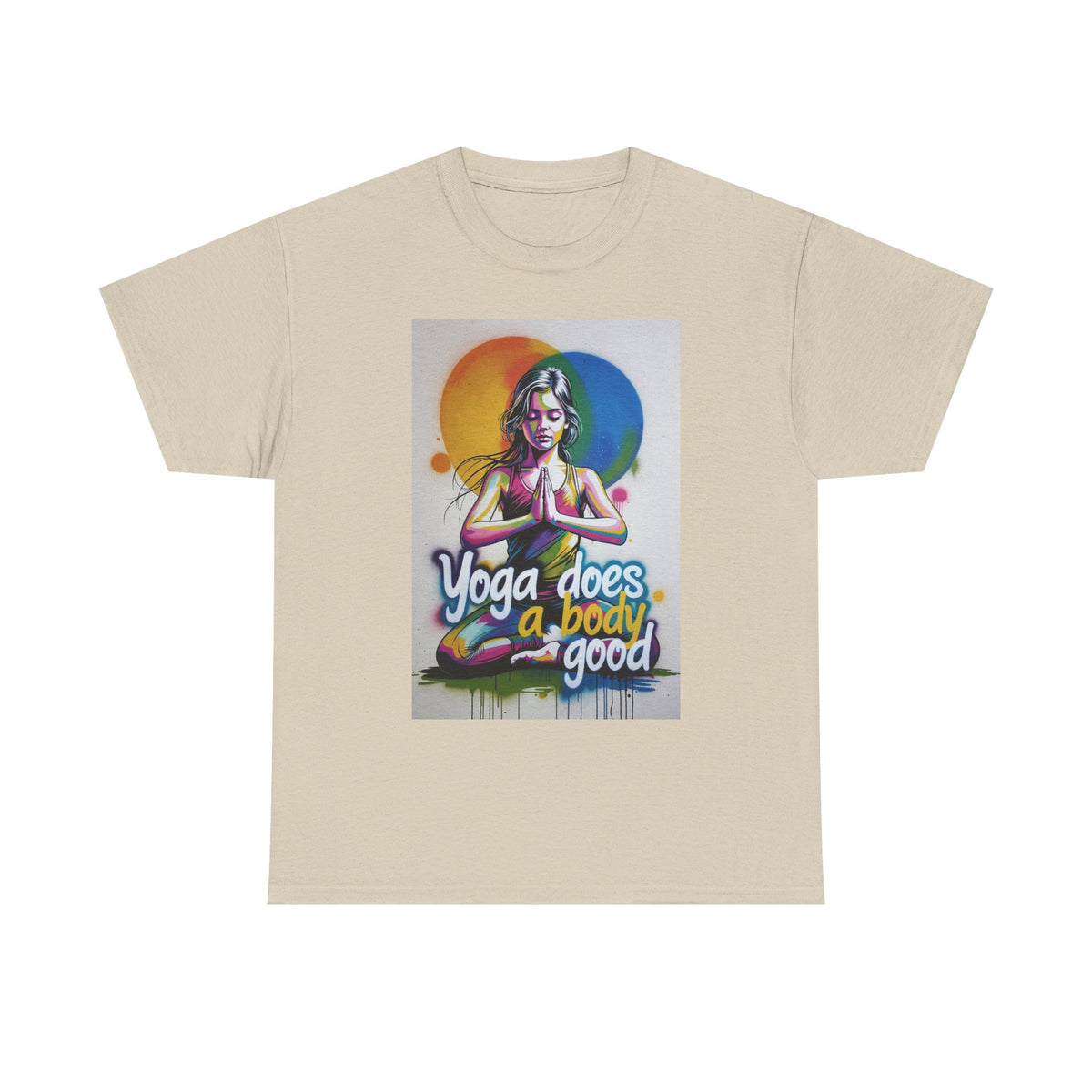 Yoga Does a Body Good T-Shirt | Meditating Woman Rainbow Sun Graphic