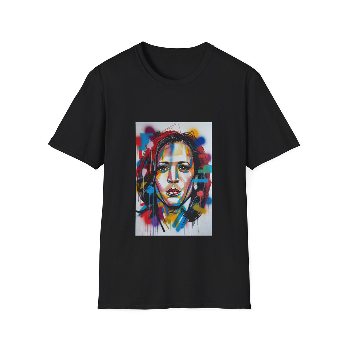 Abstract Artsy Kamala Portrait T-Shirt — Colorful Spray Paint Face Art Tee
