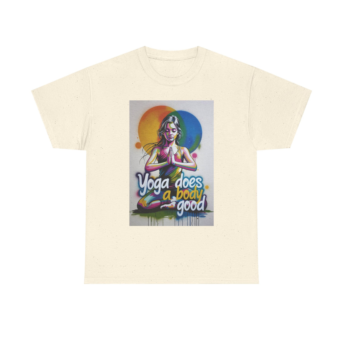 Yoga Does a Body Good T-Shirt | Meditating Woman Rainbow Sun Graphic