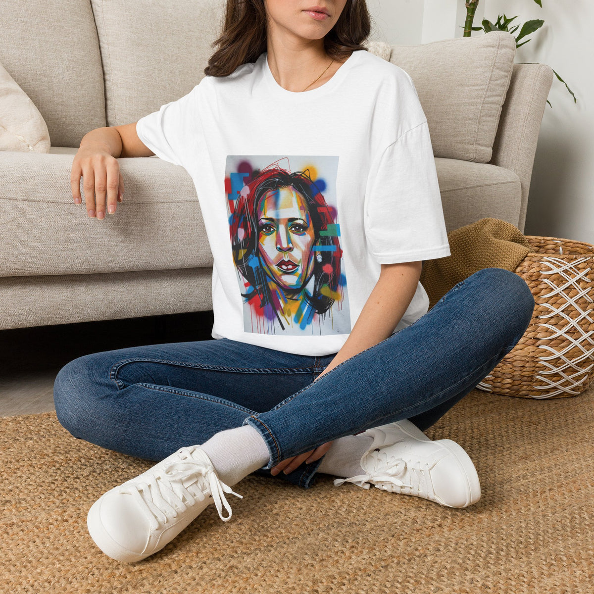 Abstract Artsy Kamala Portrait T-Shirt — Colorful Spray Paint Face Art Tee