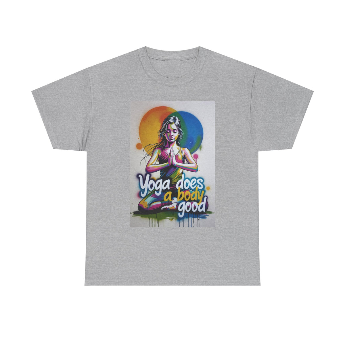 Yoga Does a Body Good T-Shirt | Meditating Woman Rainbow Sun Graphic