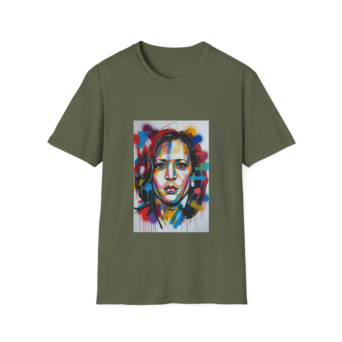 Abstract Artsy Kamala Portrait T-Shirt — Colorful Spray Paint Face Art Tee