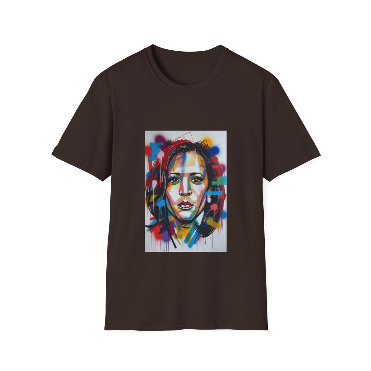 Abstract Artsy Kamala Portrait T-Shirt — Colorful Spray Paint Face Art Tee