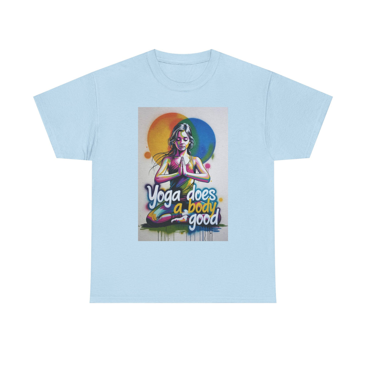 Yoga Does a Body Good T-Shirt | Meditating Woman Rainbow Sun Graphic